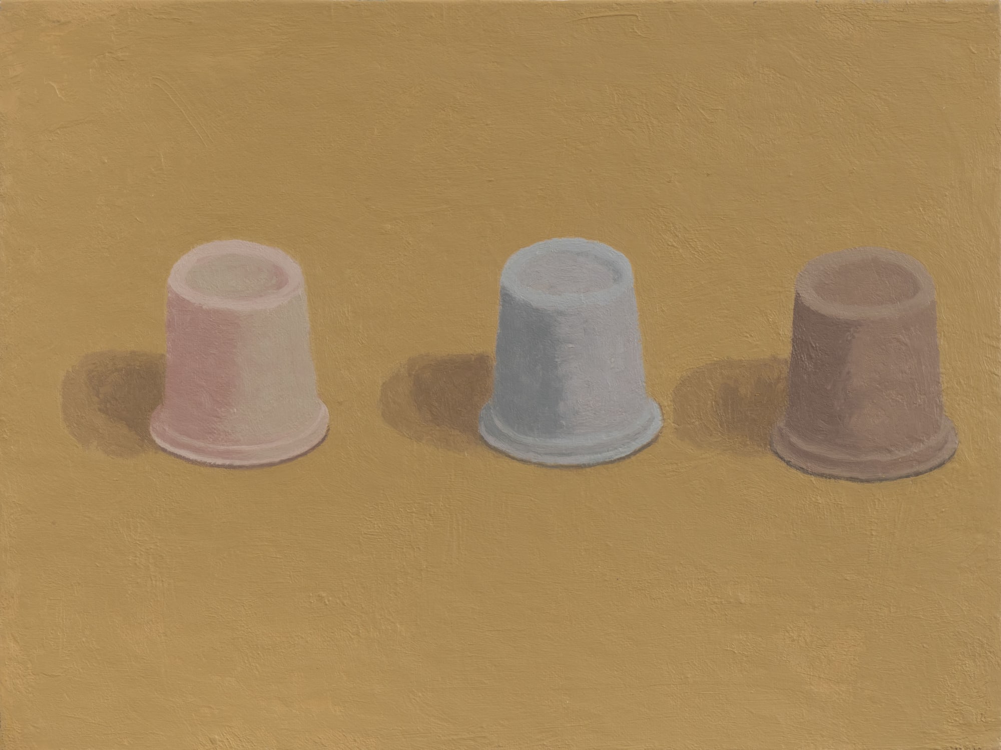 painting by Victor Pesce of three cups flipped facing down