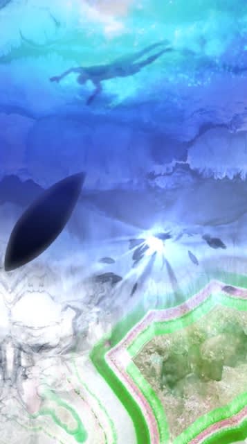 Painting of person swimming in the ocean with the reflection of the sun beaming into the blue ocean