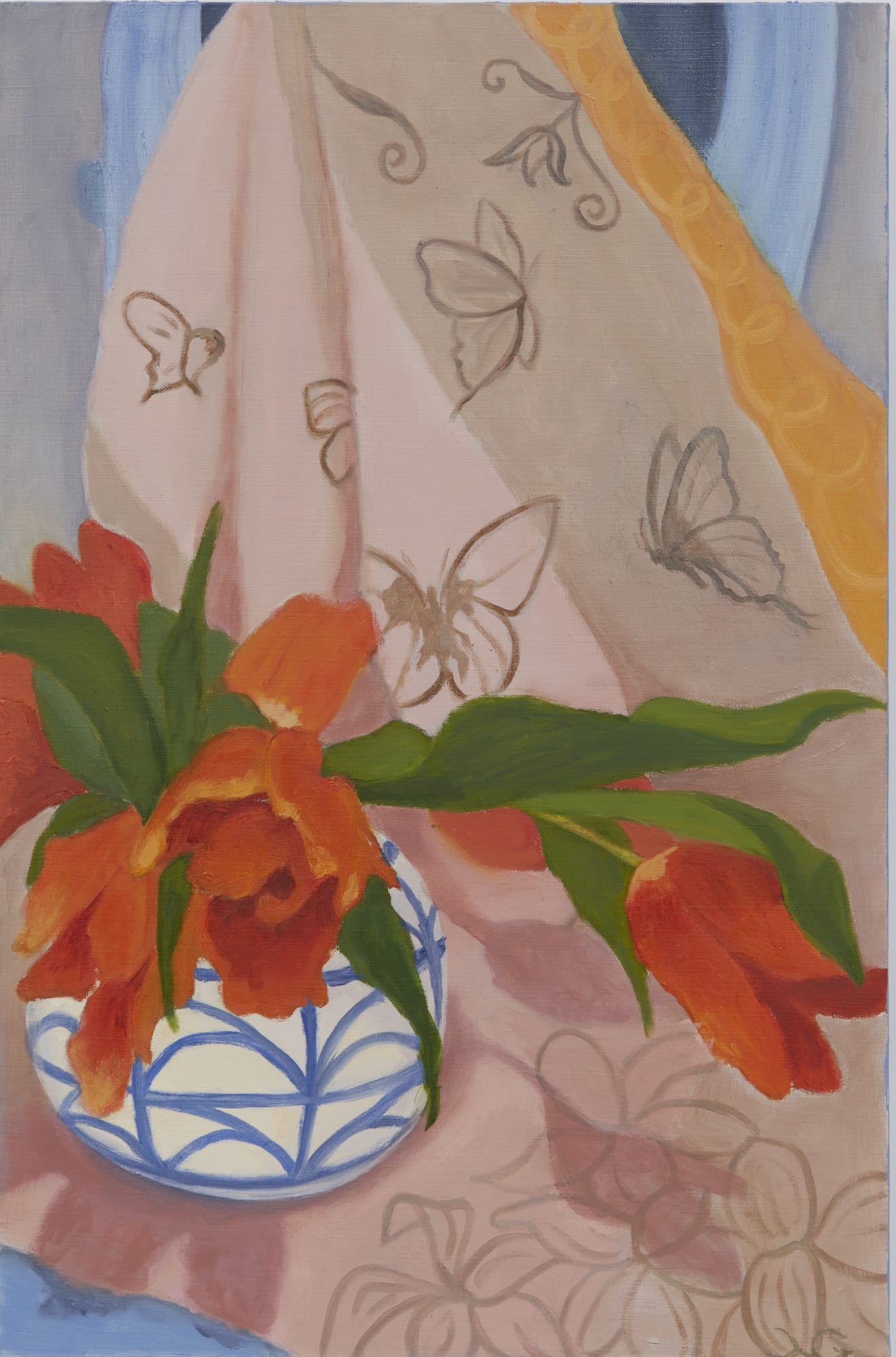 30 by 20 oil on linen painting of a red flower in a tea cup