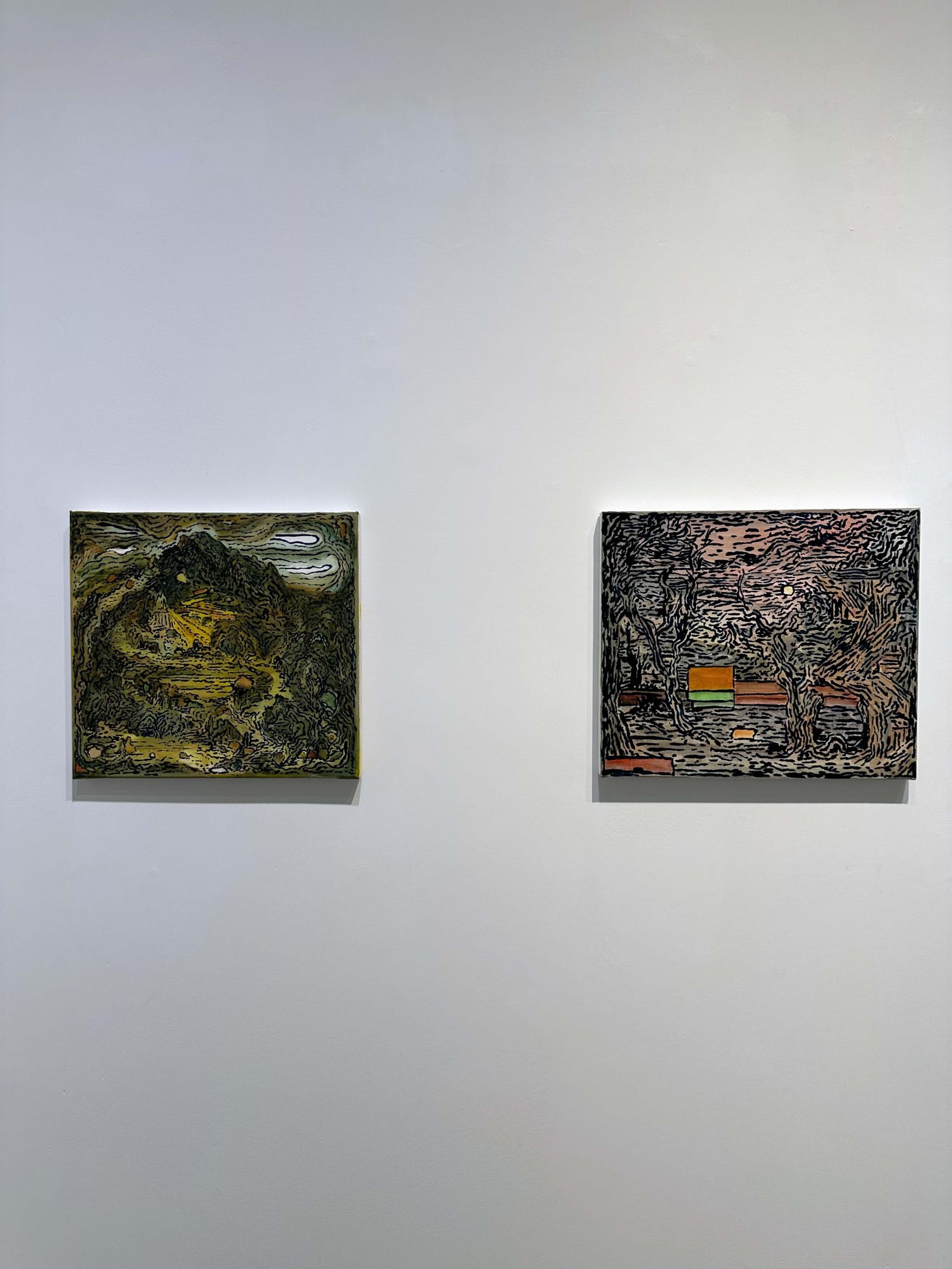 two abstract paintings on a wall