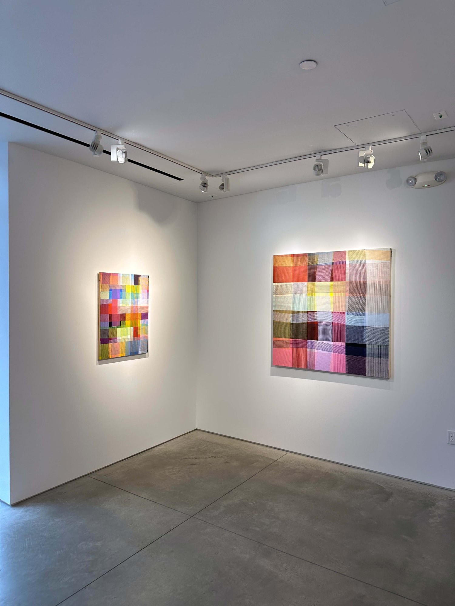 photo of an installation with two abstract paintings visible.