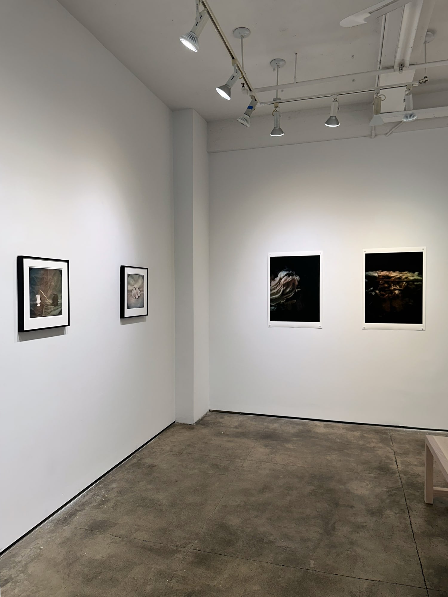 photo of an installation with four small abstract paintings visible.