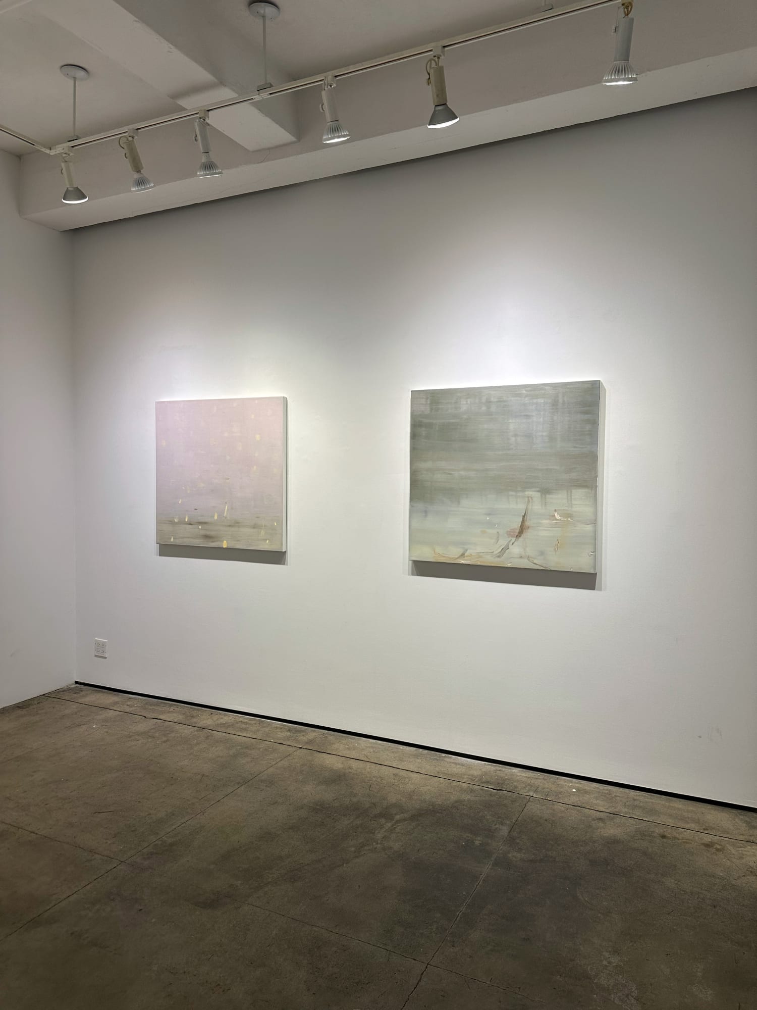 photo of an installation with two abstract paintings visible