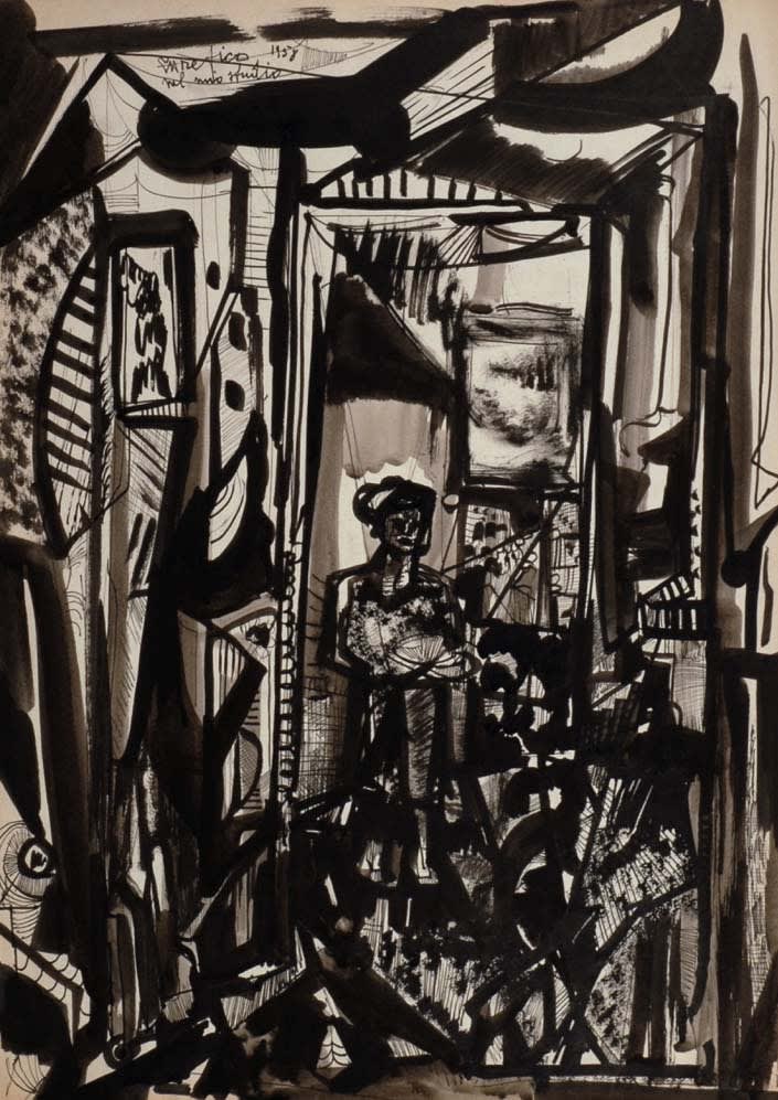Ettore Fico, Lo studio del pittore, 1958, inchiostro di china su carta, 48x34 cm
