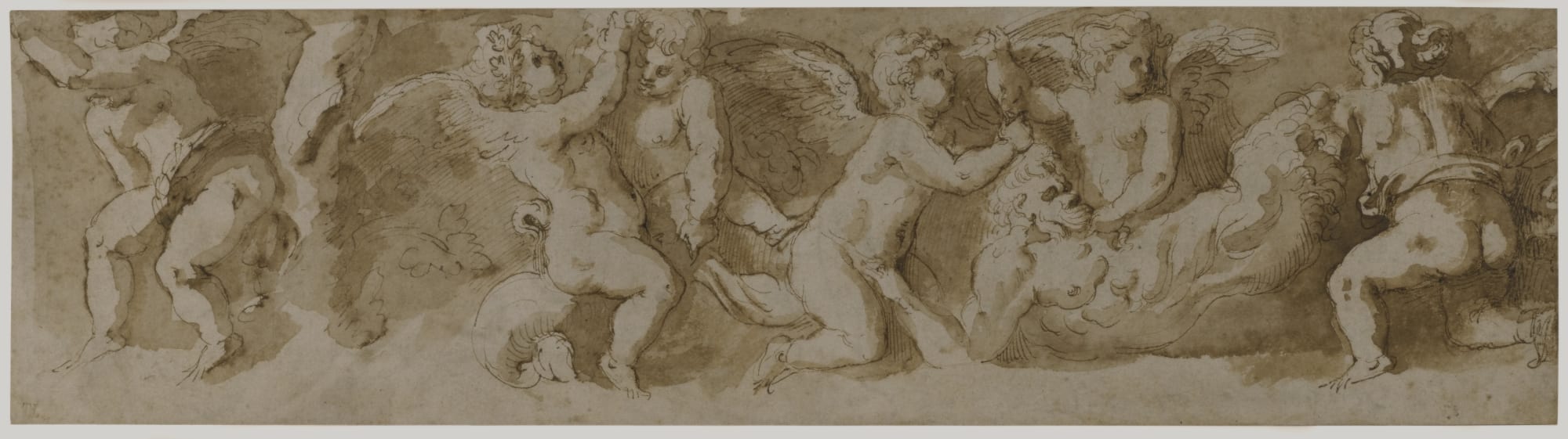 Girolamo da Carpi (1501-1556): Studio per un fregio con putti che tormentano un satiro