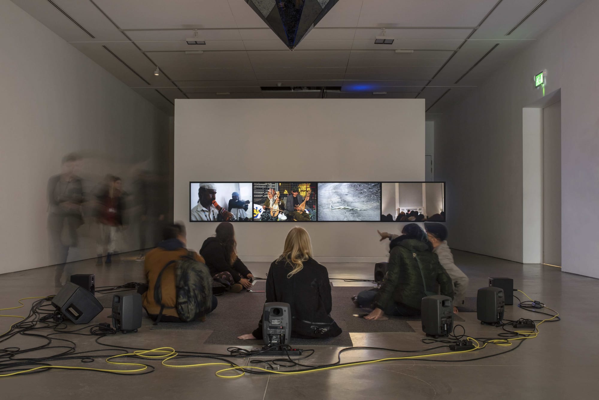 Installation view Haroon Mirza, /\/\/\/\ /\/\/\/\ (Aquarius) (2017) in Waves and Forms at John Hansard Gallery, Southampton, UK (2019-20) | Photo: Thierry Bal