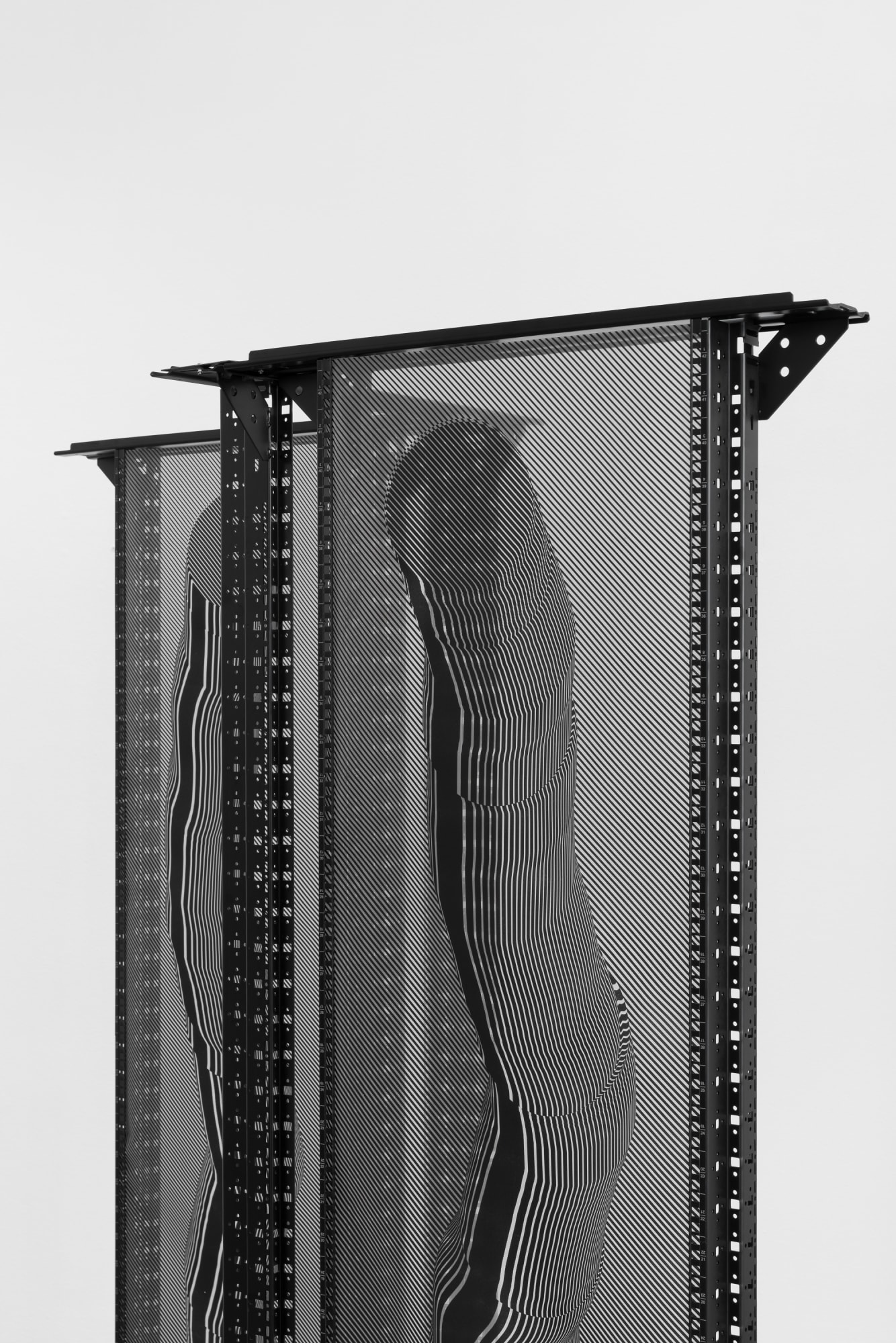 Lou Jaworski, ZE, 2023, Digital data storage racks and halftone grid print on stainless steel mesh | Photo: Dirk Tacke