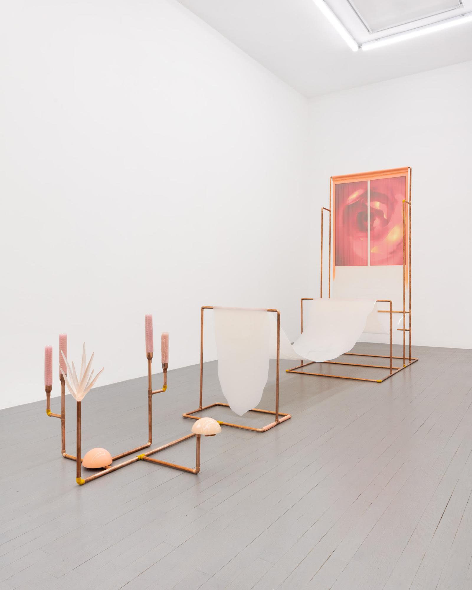 Laura Hudspith en- / un- / -en, 2020 Impressions jet d’encre sur soie habotai représentant l’intérieur de moules d’aloès vera, tuyaux et raccords en cuivre, silicones de moulage et de prise d’empreinte corporelle, résine coulée, pigment, cire d’abeille, mèches en coton, fibres floquées / Inkjet prints on habotai silk imaging the interior of aloe vera moulds, copper pipe and fittings, moulding and body-casting silicones, cast resin, pigment, beeswax, cotton wicks, flocking fibre 365 x 83 x 190 cm (144 x 33 x 75 in.)