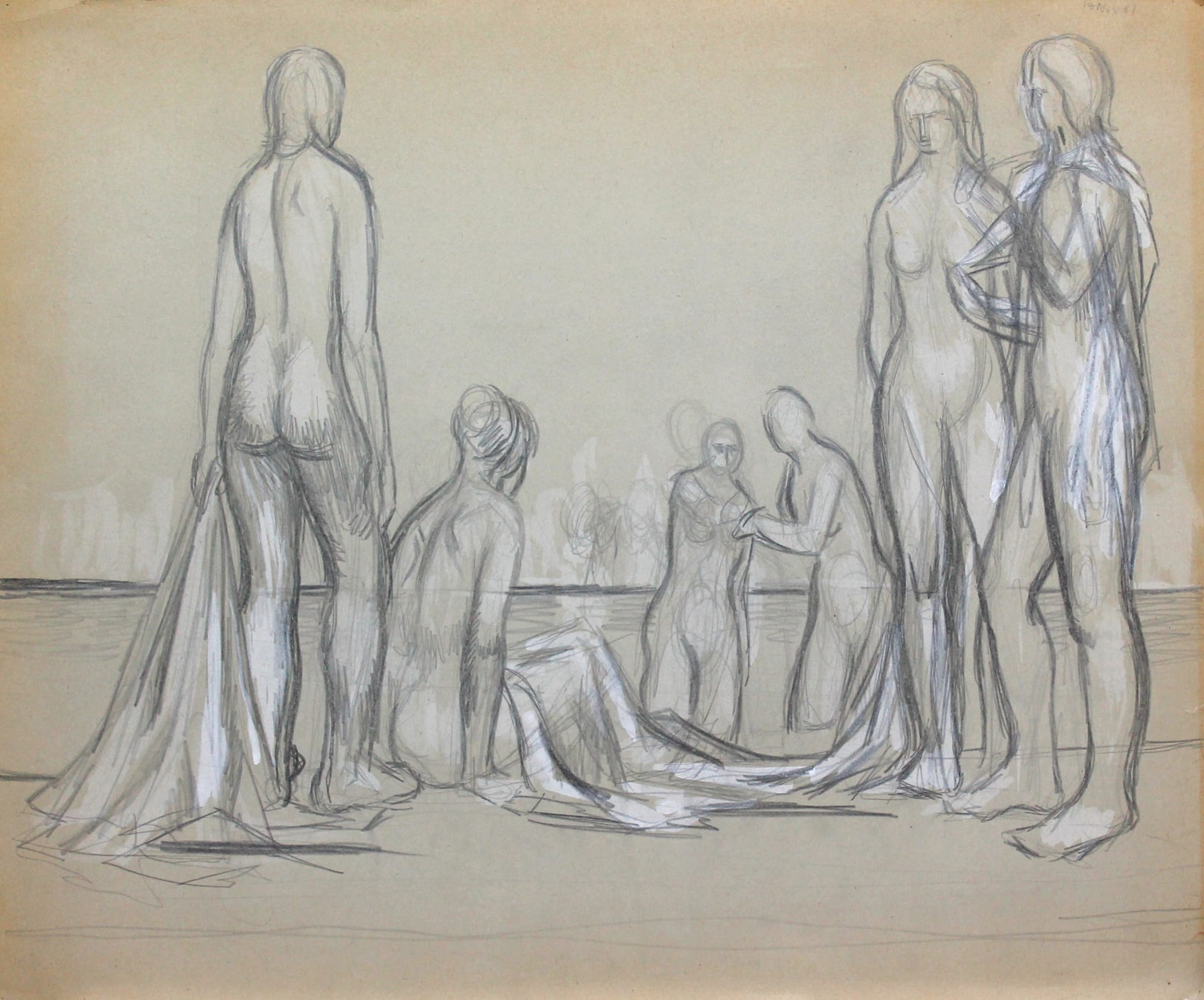 six figures on beach by alex colville