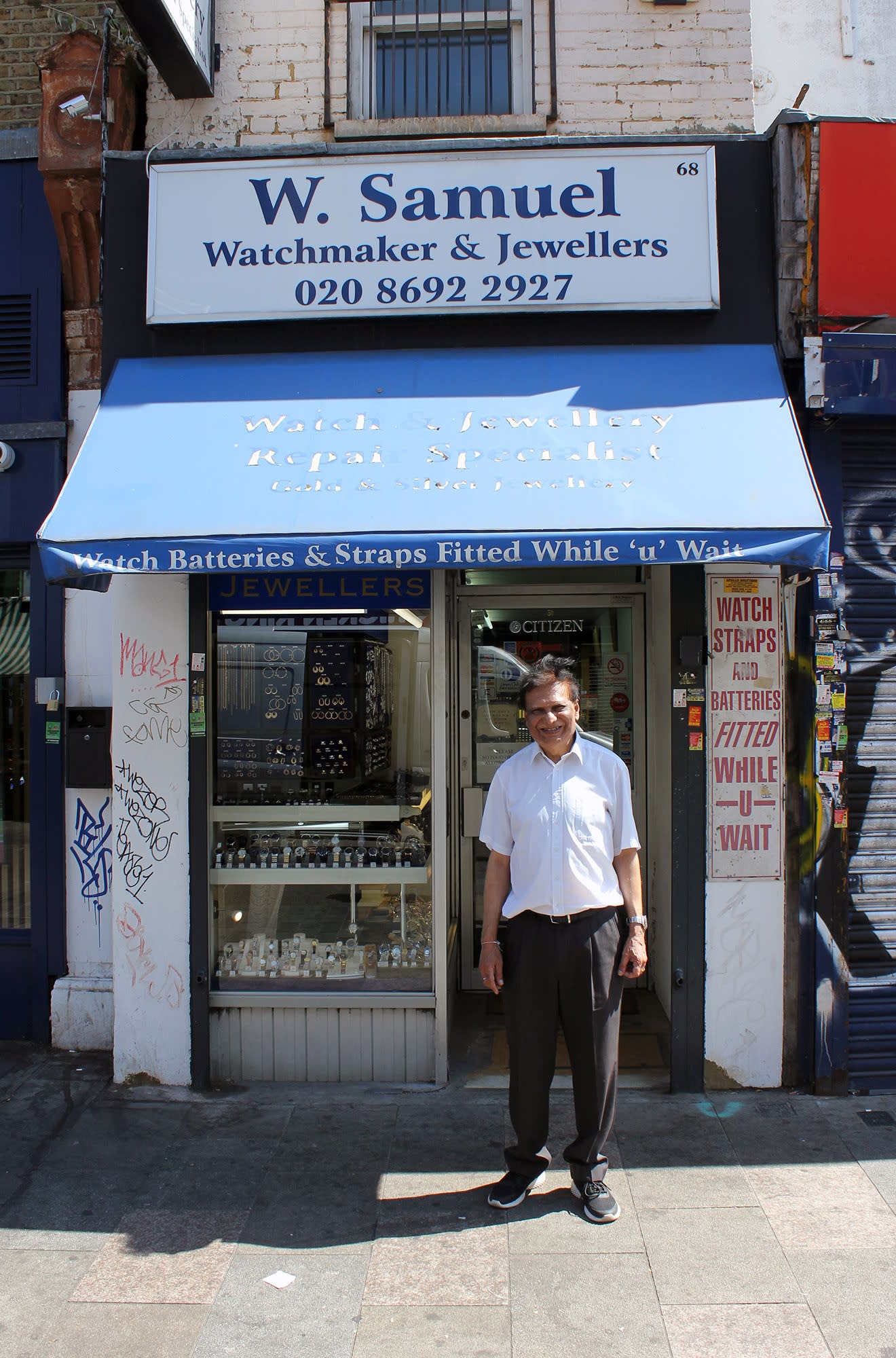 Mr Patel at W. Samuel - 40 years at 68 Deptford High Street - since 1982, Photo by Mark Shackleton, 2022