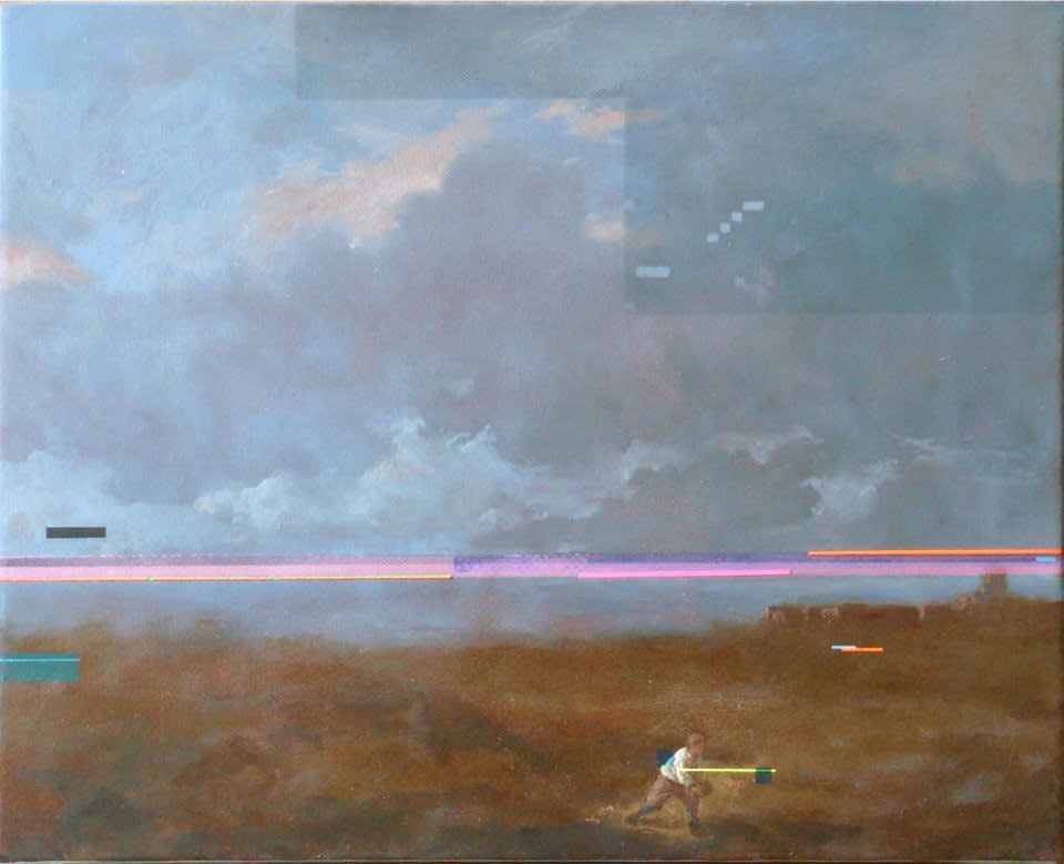 Sean Molloy The boule player Oil, ink & fluorescent pigment on canvas 25 x 30 cm