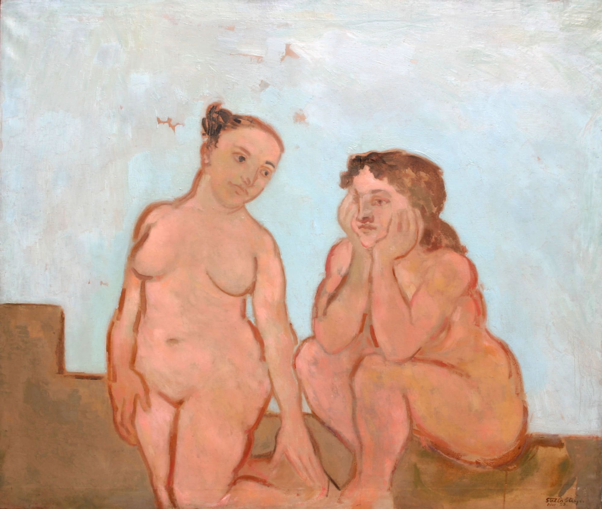Women in conversation Exhibited at The Royal Academy, London, 1953; label verso Signed and dated 1953; signed and inscribed with title verso Oil on canvas 42 x 50 inches