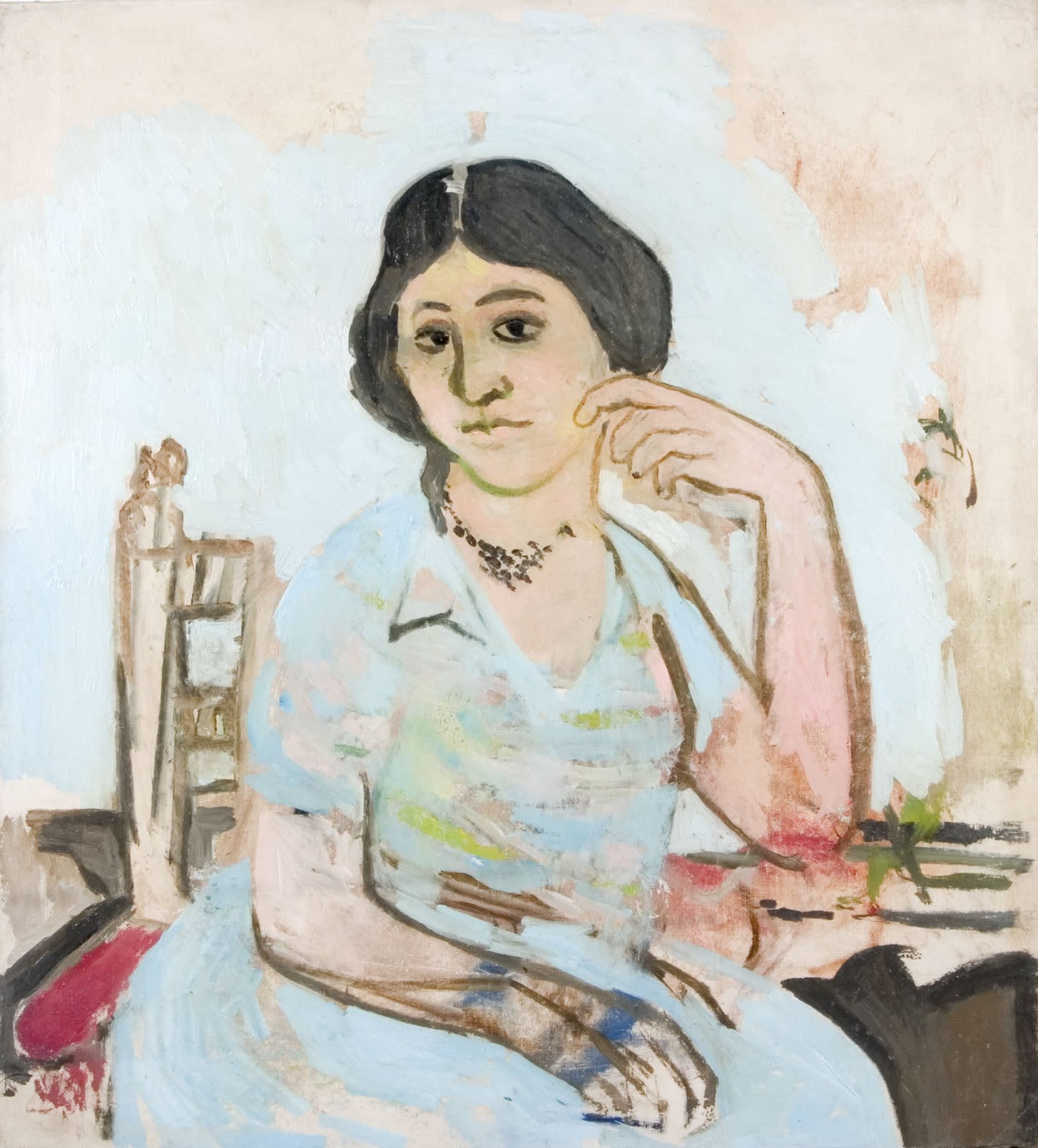 Self-portrait in a blue dress Oil on canvas 30 3/4 x 28 1/4 inches