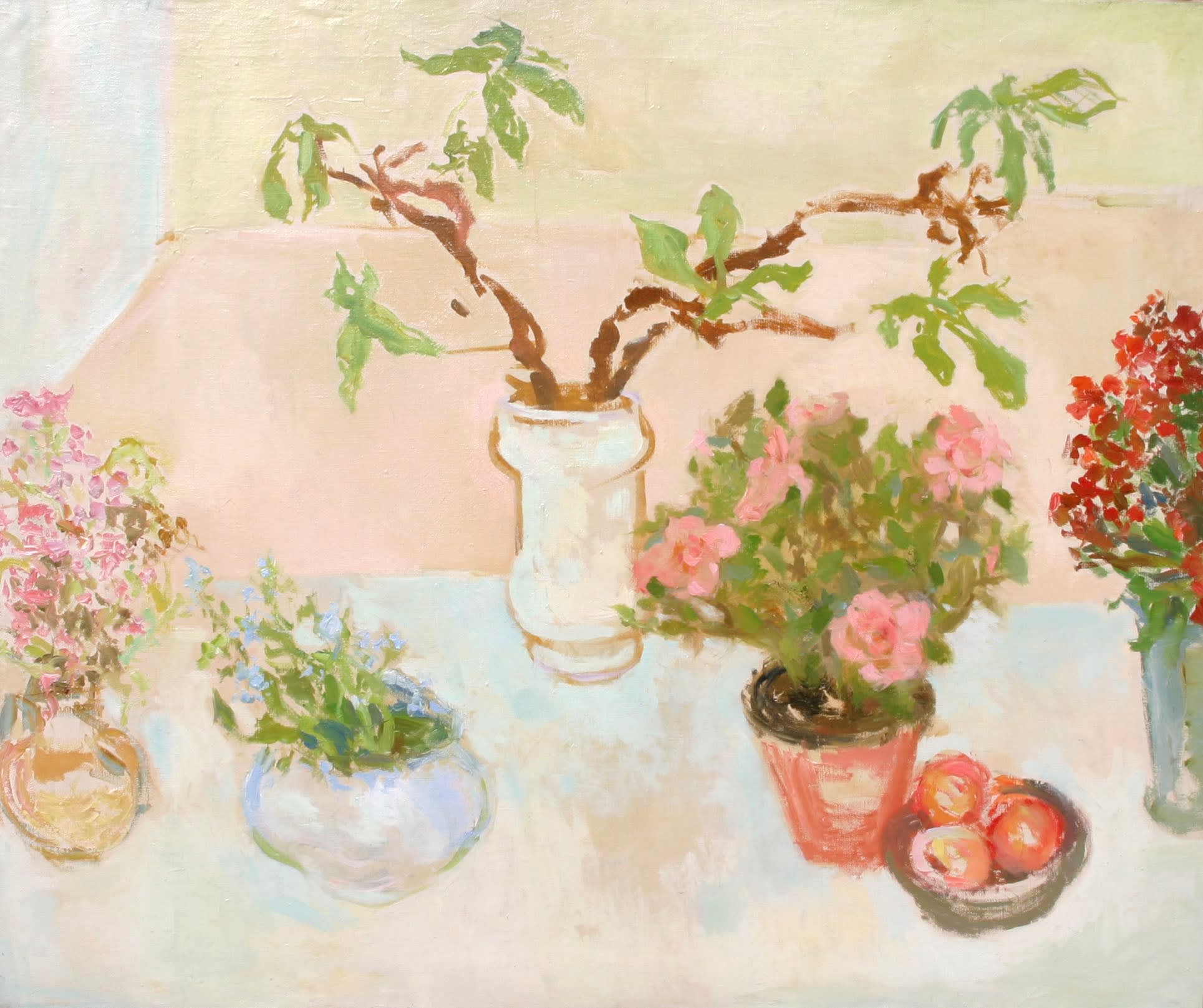 Still life with flowers and apples Oil on canvas 29 3/4 x 36 inches