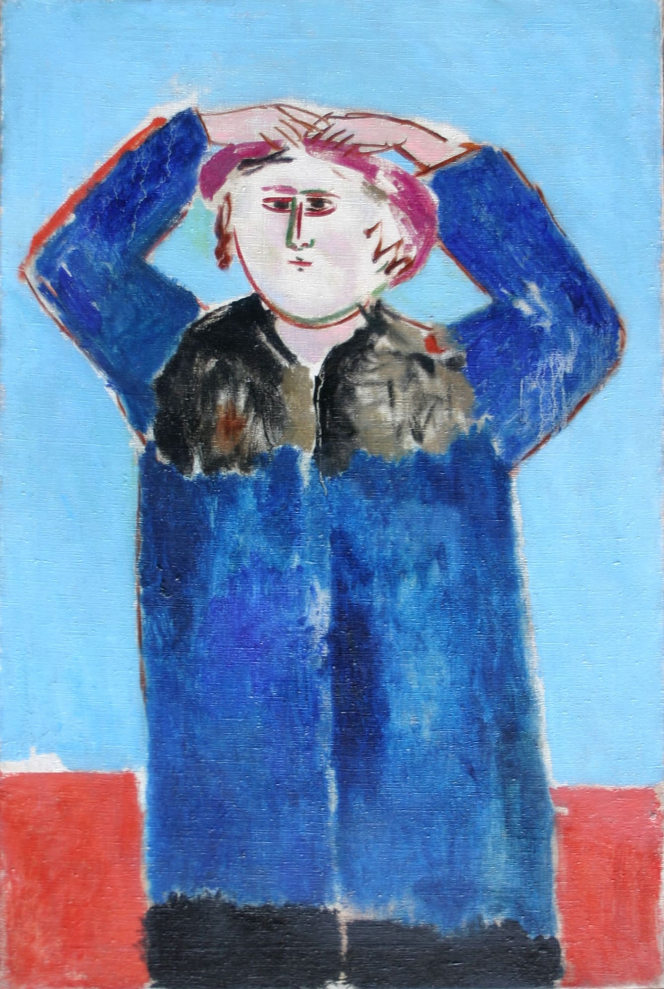 Lady adjusting her hat Dated Feb’ 1952 verso Oil on canvas 36 x 24 inches