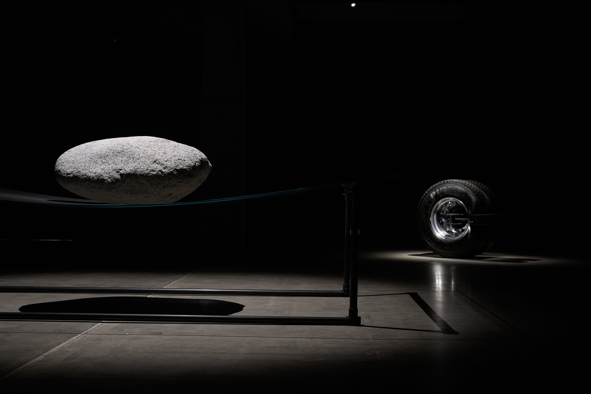 Arcangelo Sassolino: in the end, the beginning exhibition view Including: the paradoxical nature of life, 2023 marcus, 2018 Photo credit: Jesse Hunniford Image courtesy Museum of Old and New Art, Hobart, Tasmania, Australia