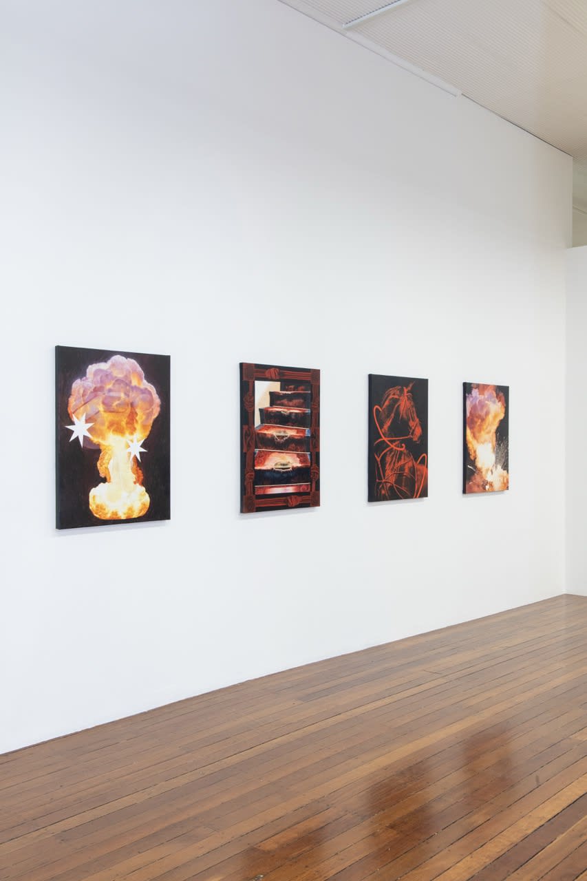 Savannah Jarvis I can feel my imaginary cat biting me, 2025 oil on polycotton 153 x 122 cm