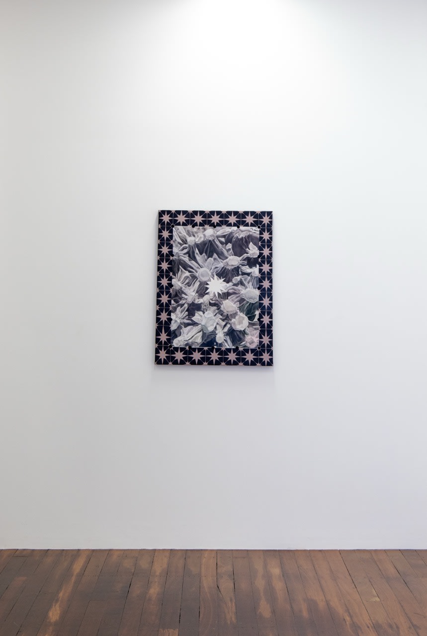 Savannah Jarvis Little rocks grown beneath the skin, 2025 oil on polycotton 91.5 x 71.5 cm