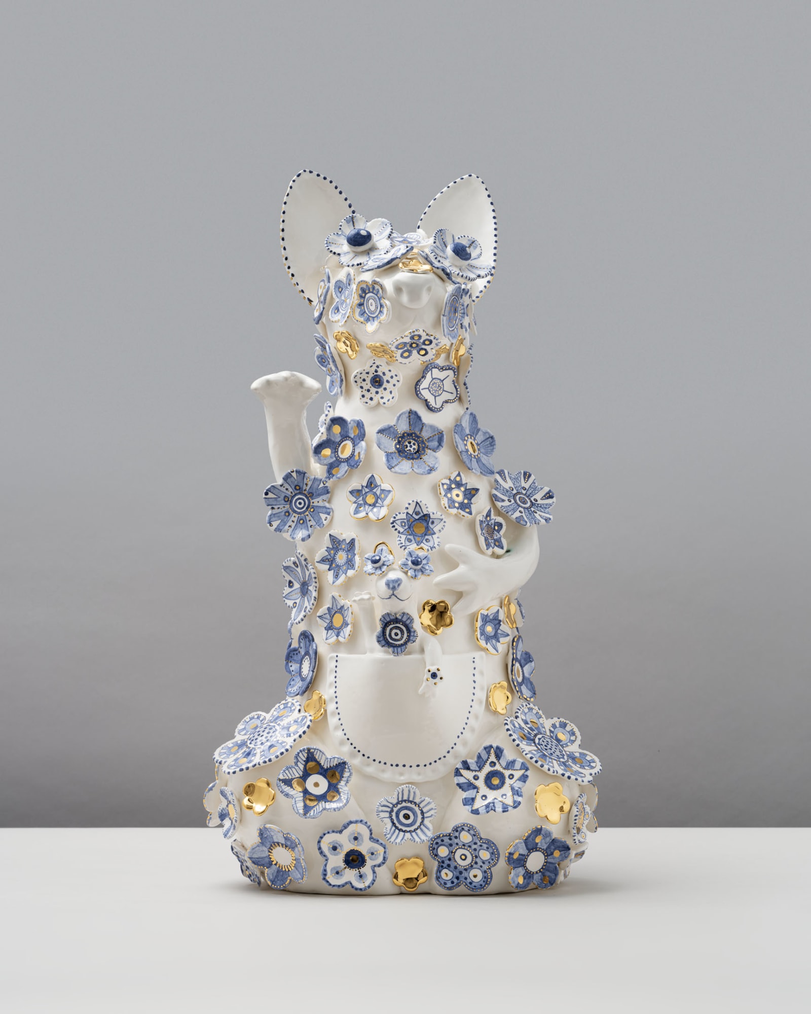 Vipoo Srivilasa Venditus, the Deity of Sales, 2024 clay, glaze, cobalt pigment & gold lustre 56 x 30 x 22 cm