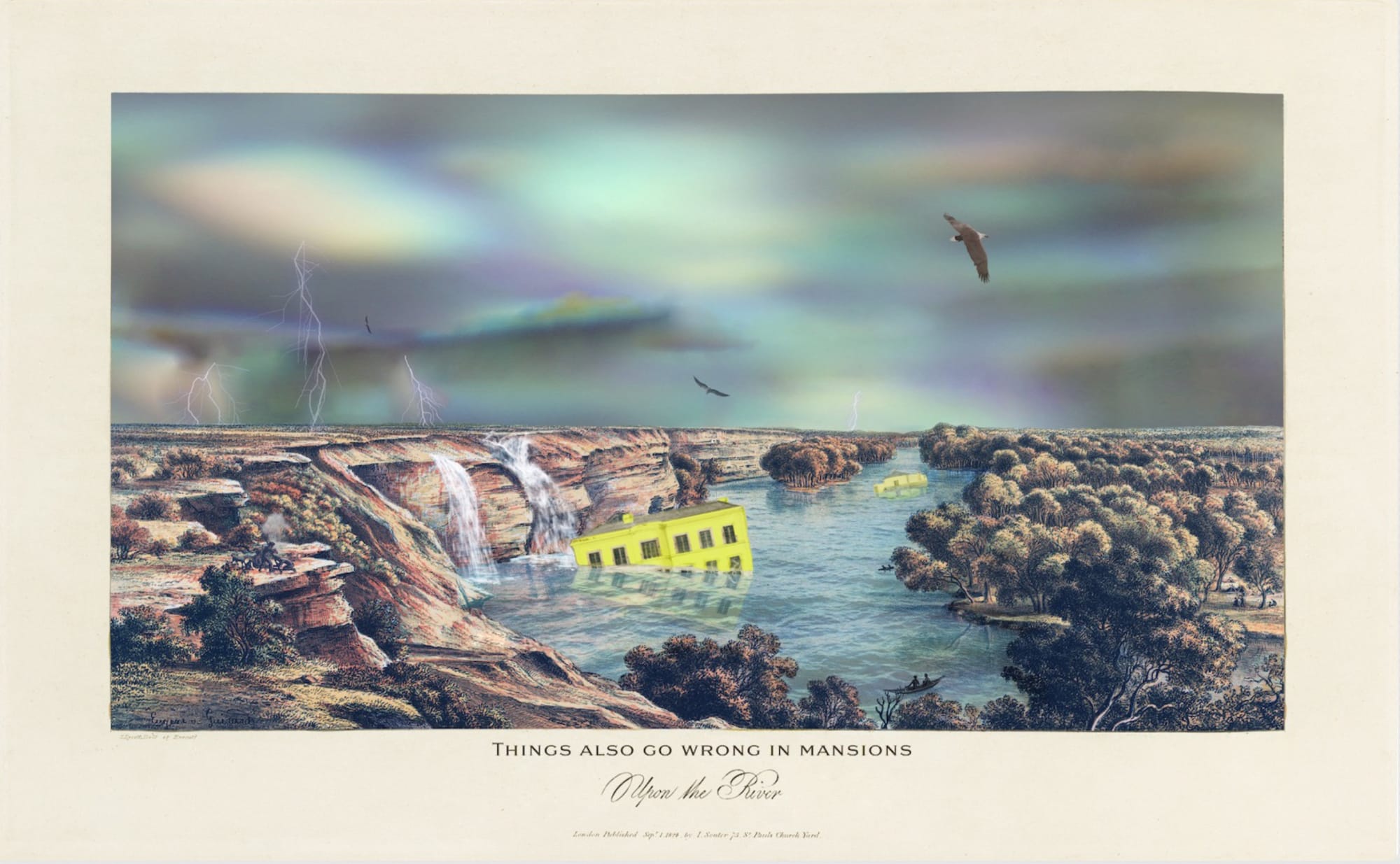 Joan Ross Things also go wrong in mansions, Upon the River, 2023 hand-painted digital print on rag paper 61 x 100 cm / 71 x 107.5 cm (framed) edition of 8 + 2 AP