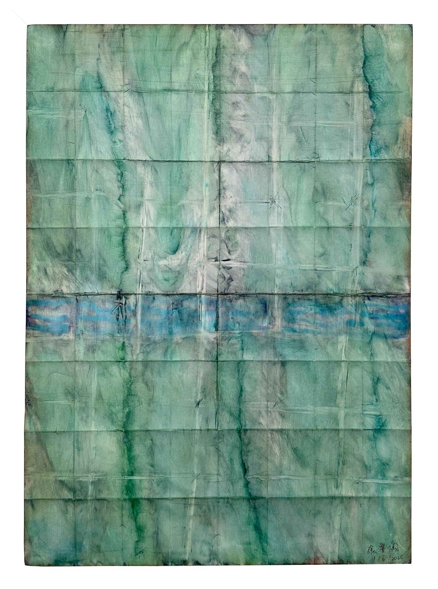 CMYK Painting: Shadow of Bamboo Scaffolding and Safety Nets on the Glass Curtain Wall, Inkjet Printer Ink on Paper (2025) 《CMYK系列作品：玻璃幕牆上的竹棚網影》，噴墨印表機墨水紙本（2025）