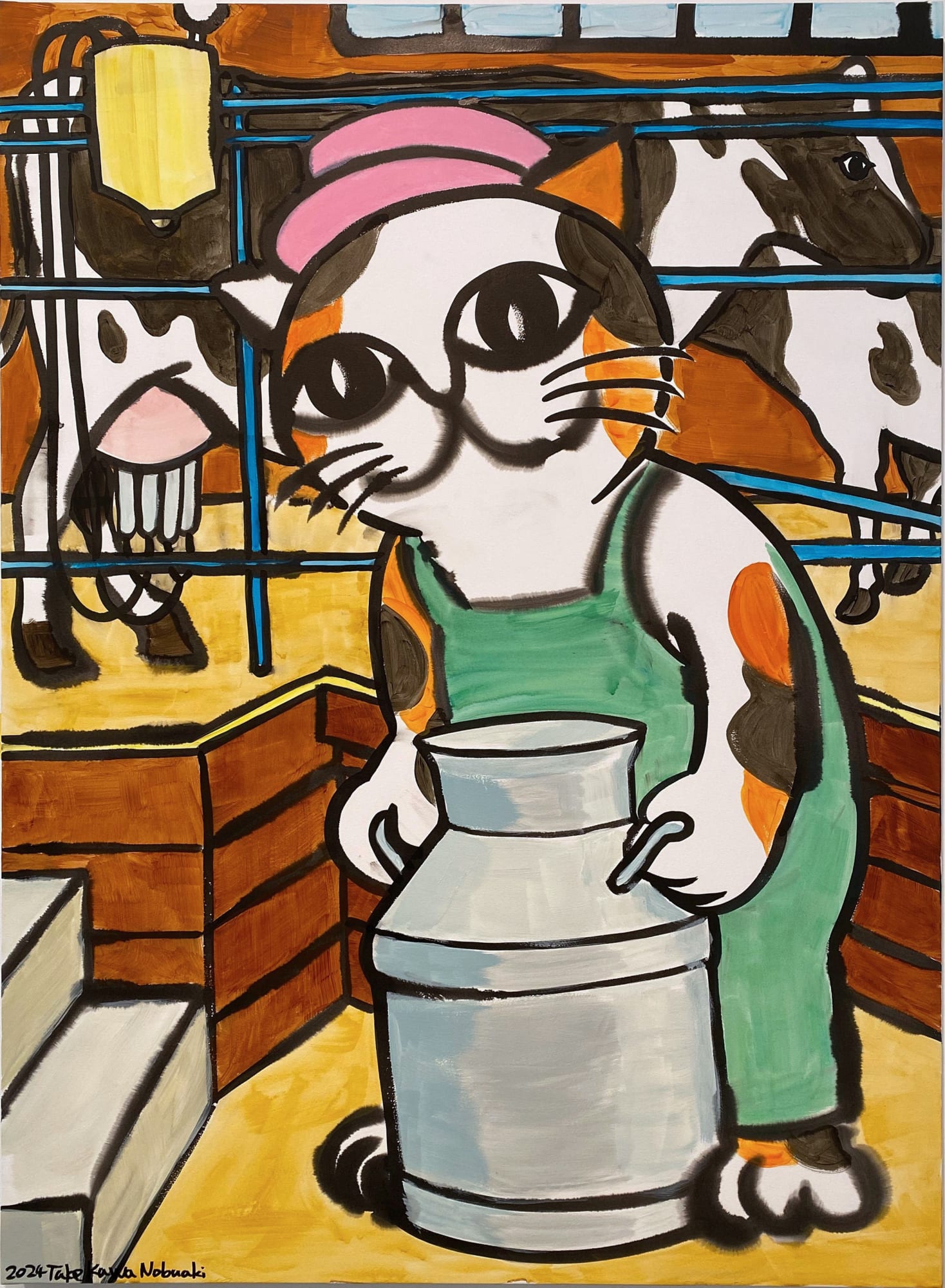 Nobuaki Takekawa, Dairy Farmers who Campaigned Against Mineral Poisoning, 2024, Ink, acrylic on paper mounted on wooden board, 130.3 x 97 cm As a result of the direct appeal of activist Shozo Tanaka, the Mineral Poisoning Incident was covered in the newspapers, which led to the rise of student movements. Kurosawa Torizo (founder of Snow Brand Milk Products), who was 16 years old at the time, visited Tanaka and campaigned against mineral poisoning for four years. He then moved to Hokkaido and lived in the world of dairy farming under the ideological influence of Tanaka.