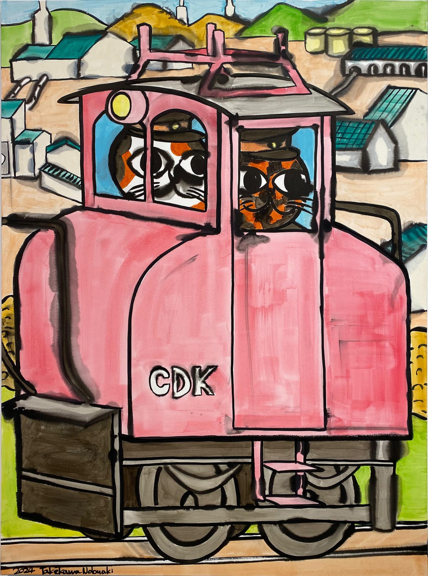 Nobuaki Takekawa, Electric Locomotive For Mining, 2024, Ink, acrylic on paper mounted on wooden board, 130.3 x 97 cm Another technology that was imported from the US and Europe was the development of electric locomotives which were preferred to steam locomotives in the mines. Electric Locomotive For Mining (2024) depicts two cats operating an electrically powered train within the mining sites.