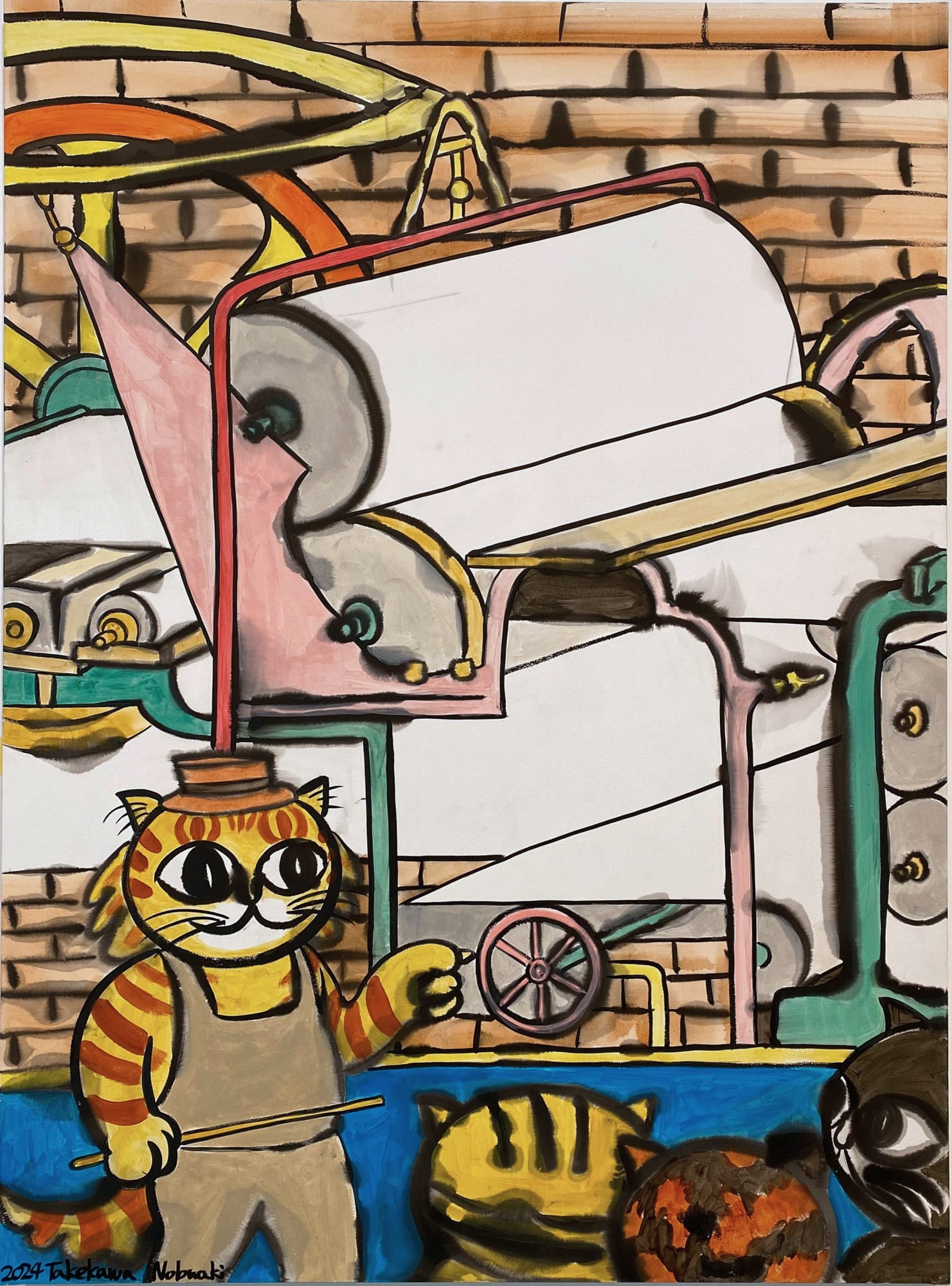 Nobuaki Takekawa, Imported Paper Machine, 2024, Ink, acrylic on paper mounted on wooden board, 130.3 x 97 cm With the success of the silk industry, Japan started to focus on the paper industry. Paper production was seen as an important industry for catching up with the international powers in terms of the production of intelligence. The technological advancements in such factories became the foundation for Japan's heavy industry in the lead-up to the Russo-Japanese War.