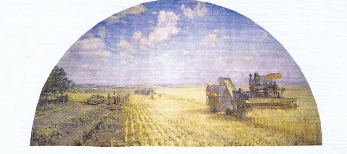 V. I. Snopov The landscape with harvesting combaines, 1952