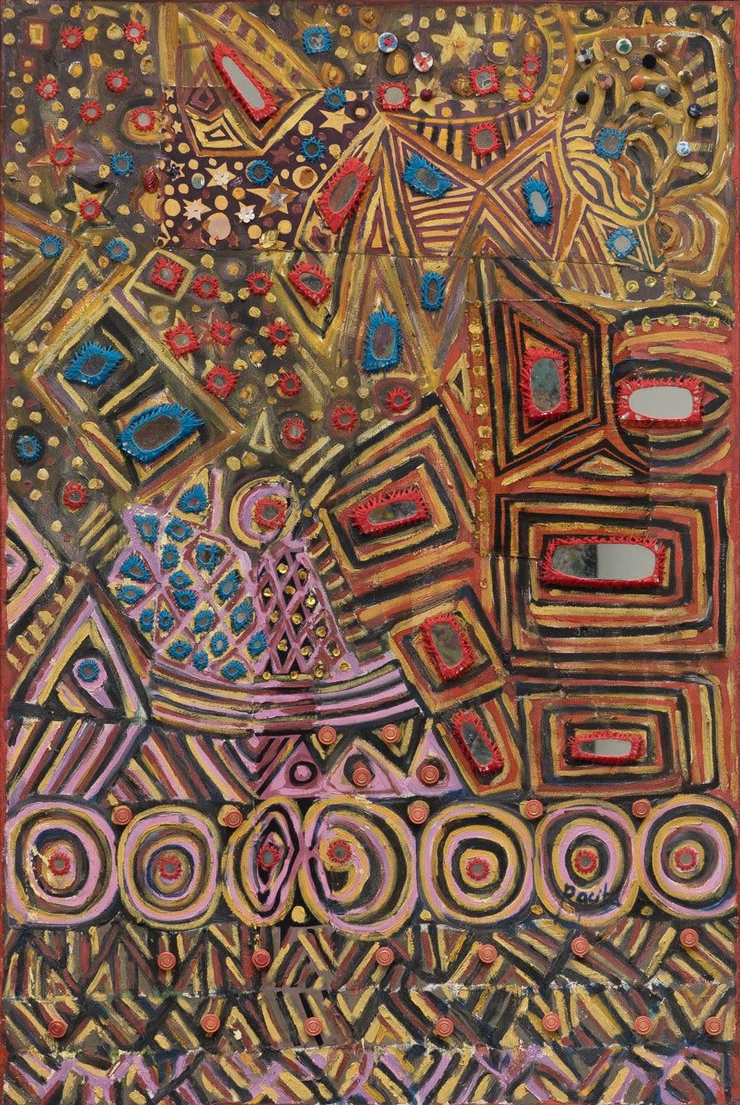 Penchant for Black and Yellow Strips, 2002 Oil, mirrors, painted cloth, painted buttons, sequins, yarn stitched on canvas 35 x 24 in 90 x 60 cm