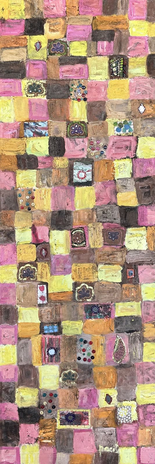 My Life and Your Life, 2002 Oil, sequins, buttons, mirrors, yarns, painted cloth stitched on canvas 59 x 20 in 150 x 50 cm
