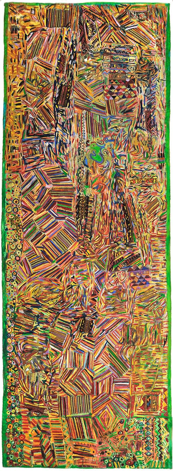 The Sky is The Limit, 2000 Oil, painted handwoven cloth, buttons stitched on canvas 168 x 60 in
