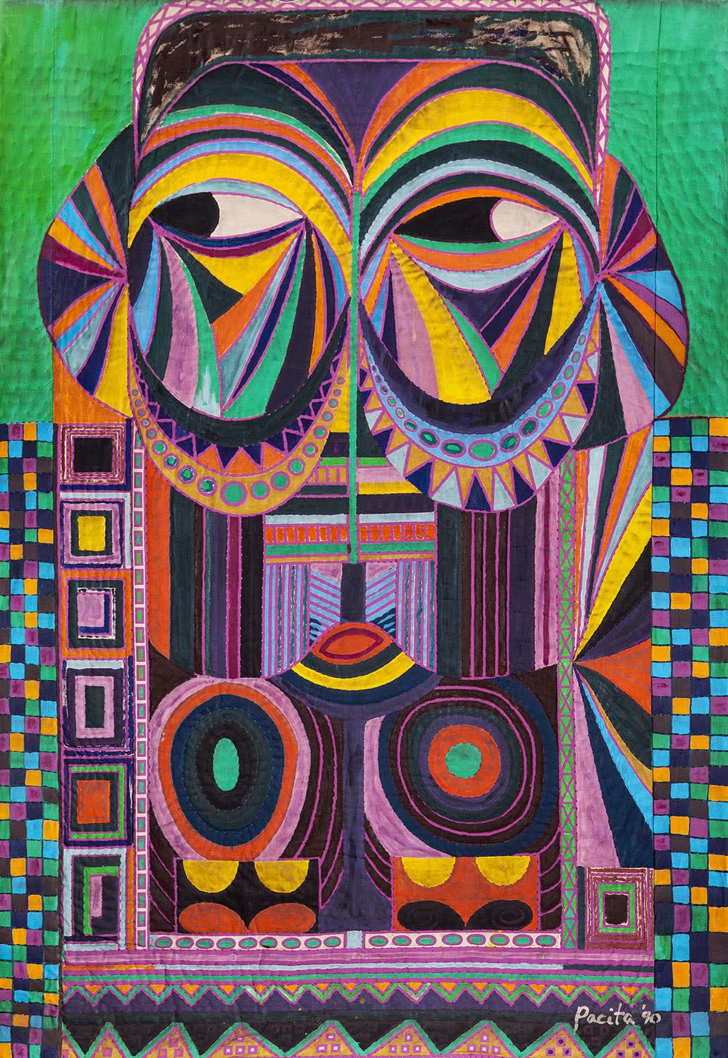 European Mask, 1990 Acrylic on stitched, silk screened and padded canvas 103 x 60 in 260 x 150 cm