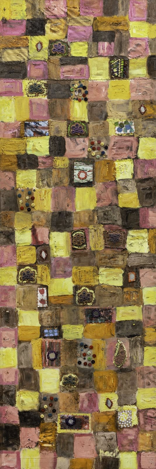 My Life and Your Life, 2002 Oil, sequins, buttons, mirrors, yarns, painted cloth stitched on canvas 59 x 20 in 150 x 50 cm