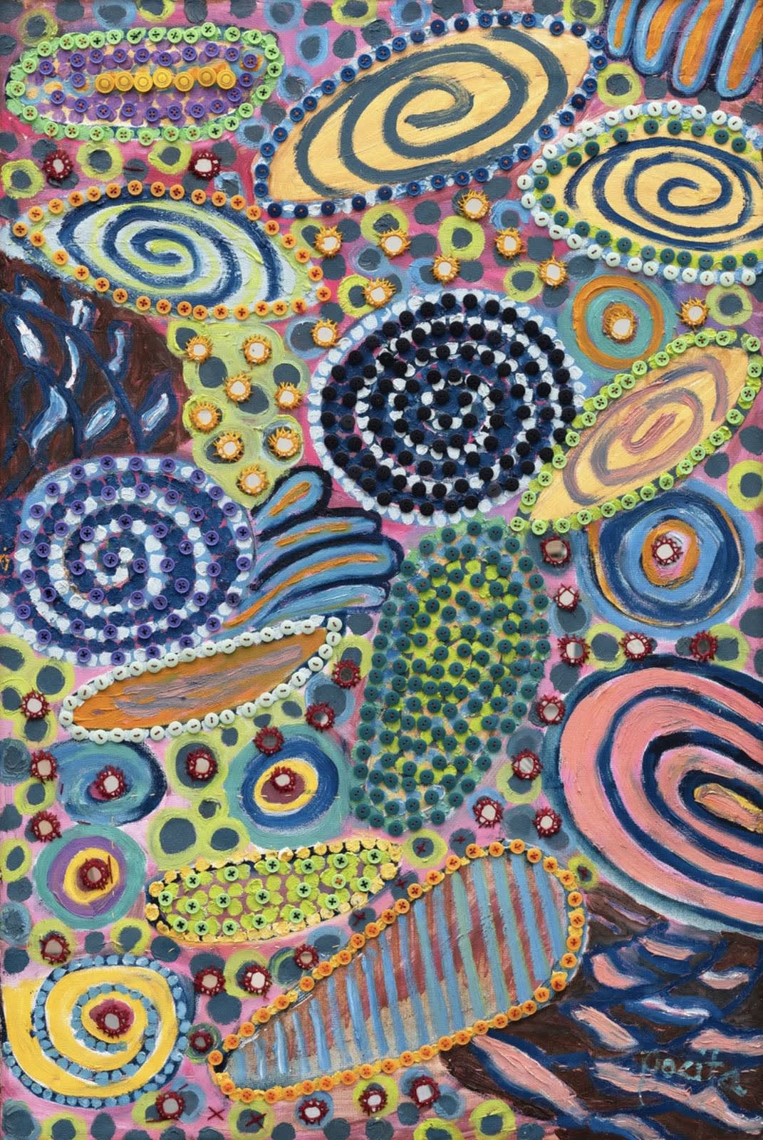 Colored Glass Plates, 2002 Oil, buttons, mirrors stitched on canvas 35 x 24 in 90 x 60 cm