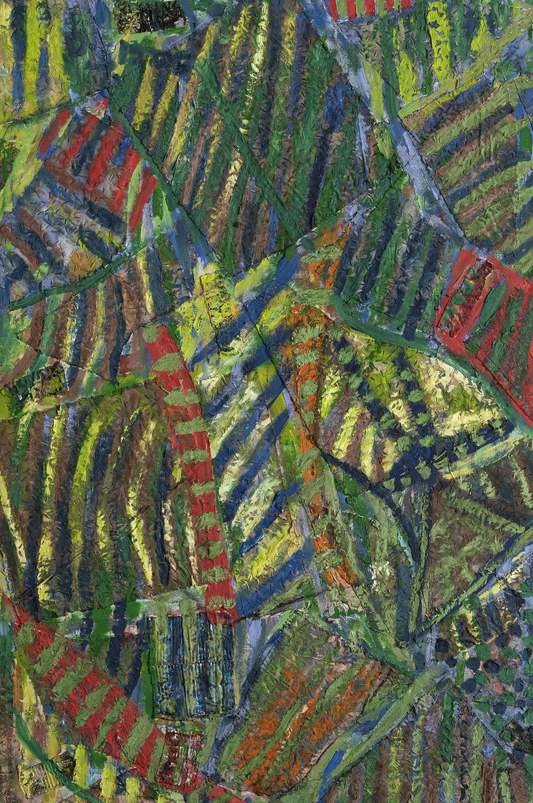 Melancholy Green, 2001 Oil, painted tin, painted cloth stitched on canvas 35 x 24 in
