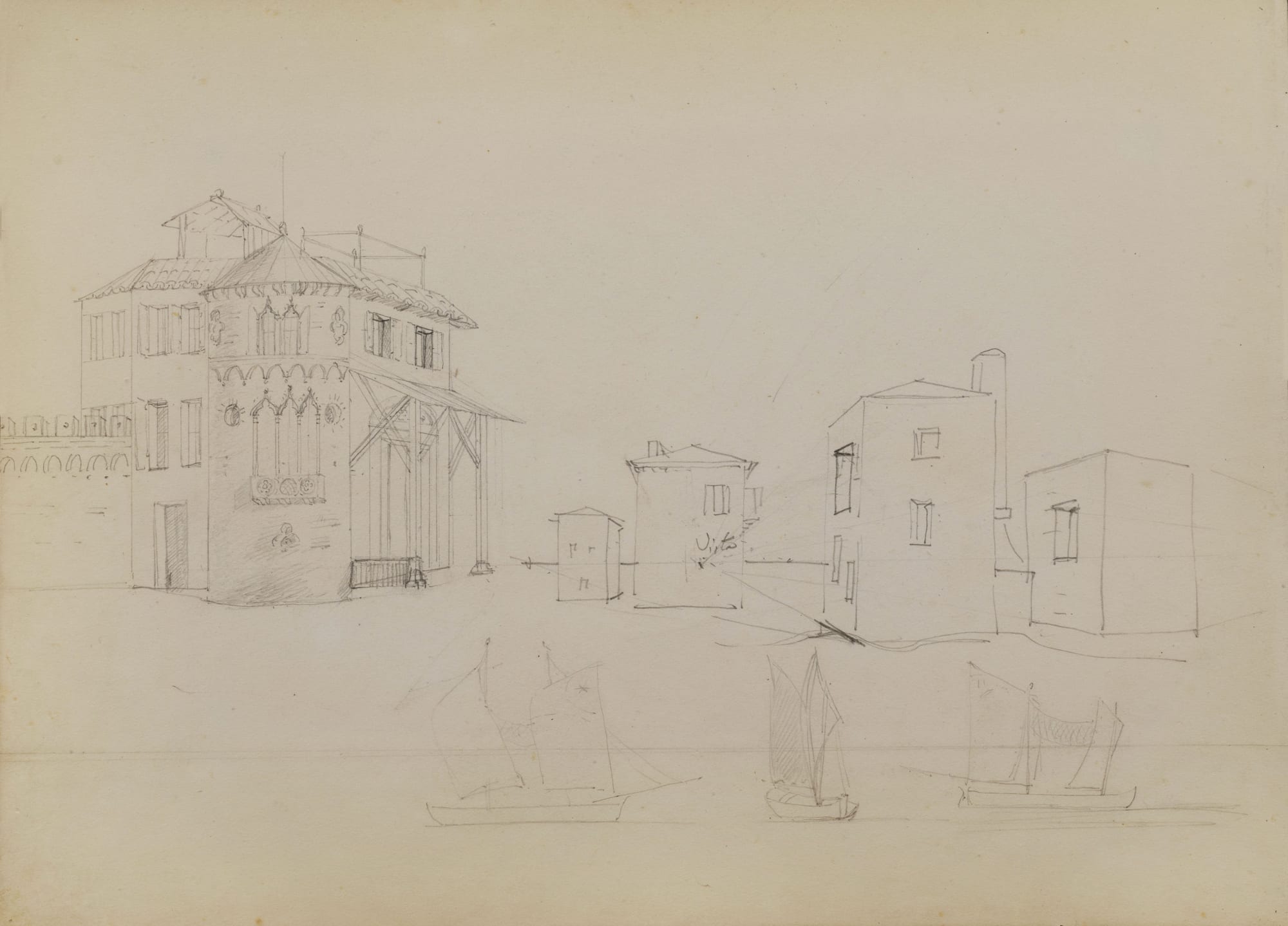 Ippolito CAFFI, Study of venetian houses and boats, 1841