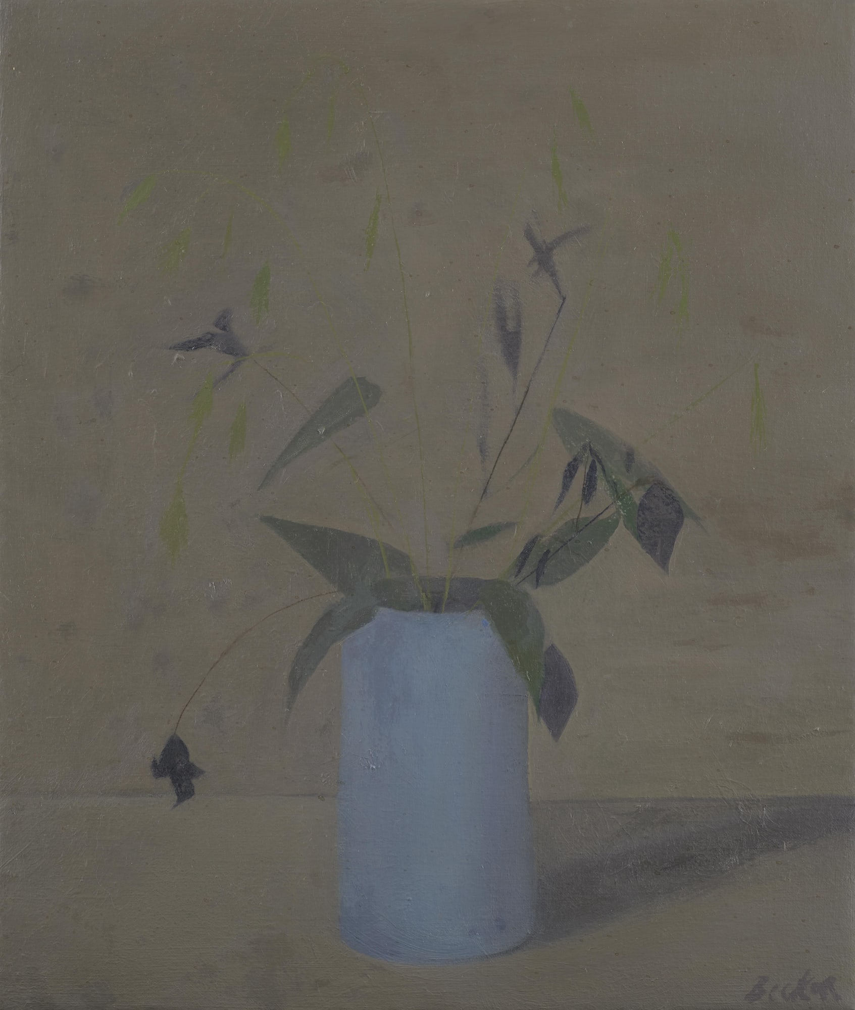 clematis and grass in blue tin, 2023 oil on canvas 14 x 12 inches £3,000