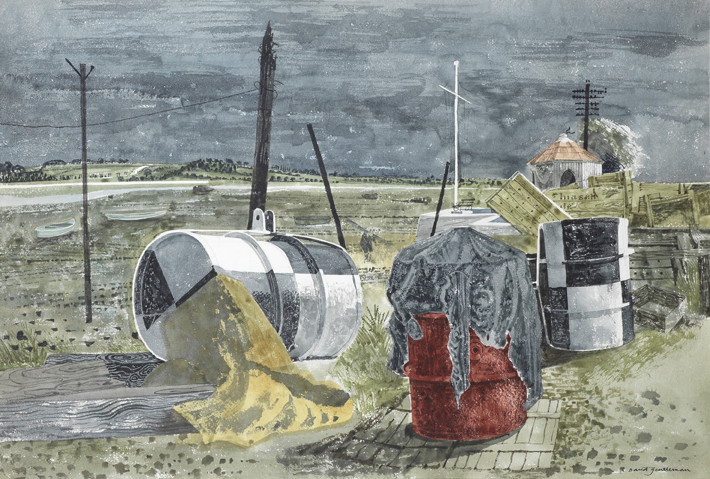 David Gentleman, Newly-painted buoys with eel boxes, 1954