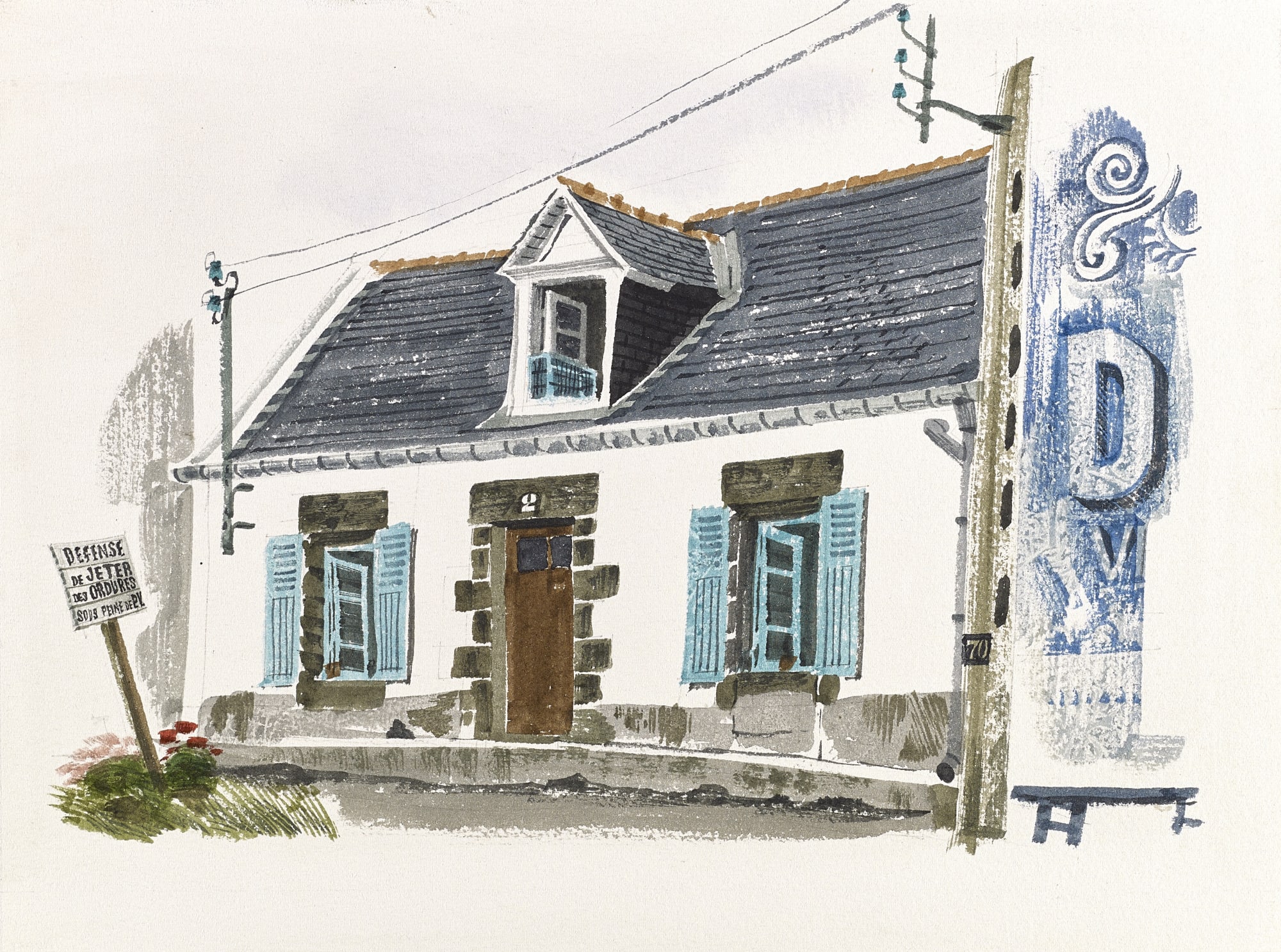 David Gentleman, Tréboul, Finistere: Cottage with blue shutters, 1955