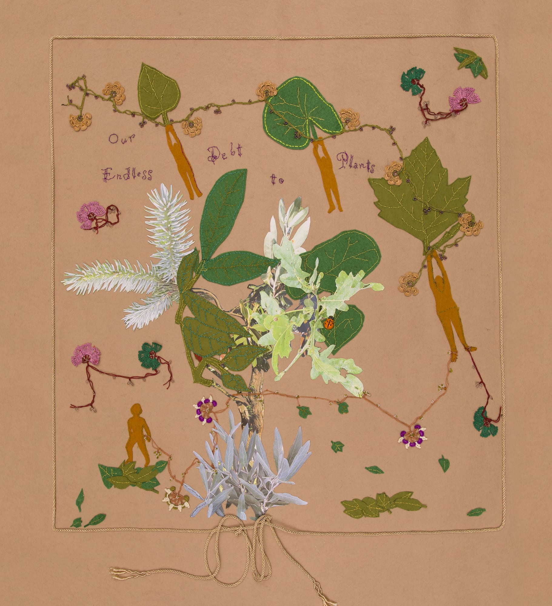 Our Endless Debt to Plants 2020 Needlework, crocheted flowers, paper, felt 100 x 84 cm
