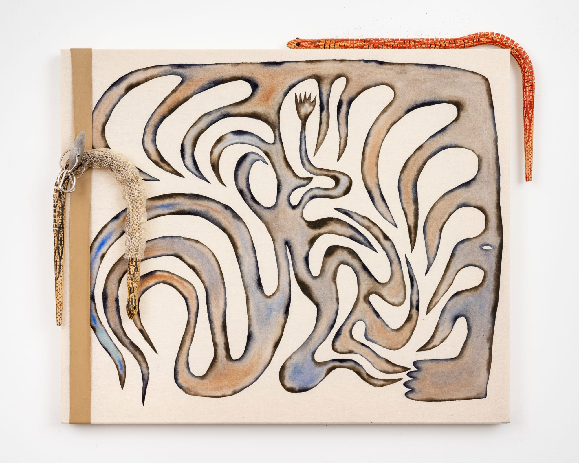 Anousha Payne Surahonne (cinched) 2021 Pigment and watercolour on stretched cotton, salvaged leather, metal and plastic, snake- shed, found wooden snakes 50 x 60 cm
