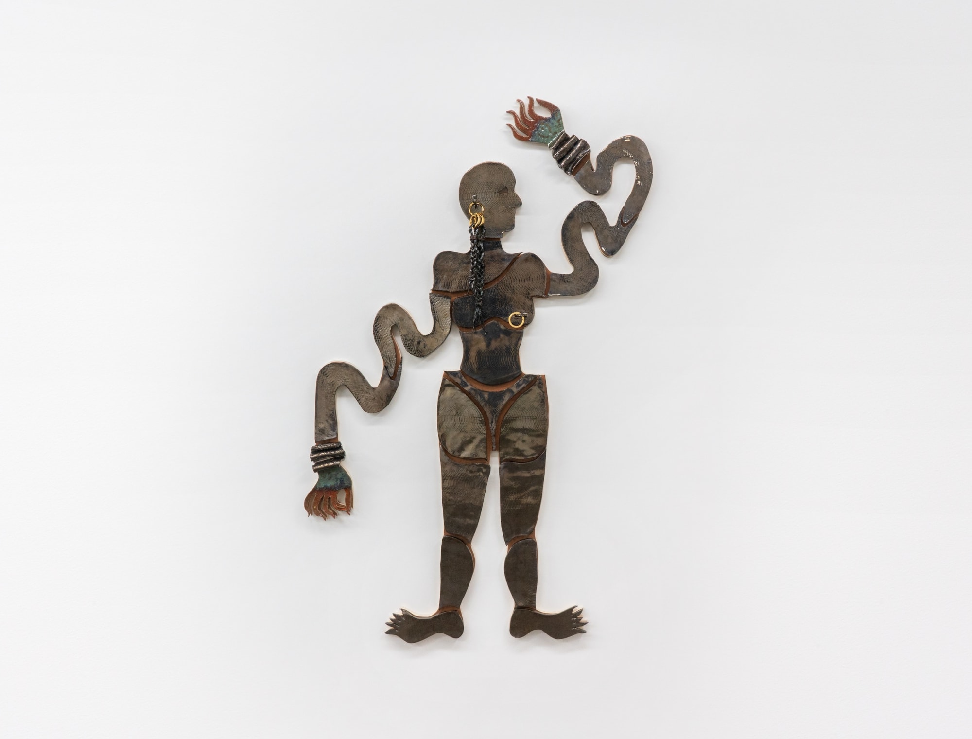 Anousha Payne The snake maiden(stronger than a leaf) 2020 Glazed ceramic stoneware, metal, wood 170 x 109 x 7 cm