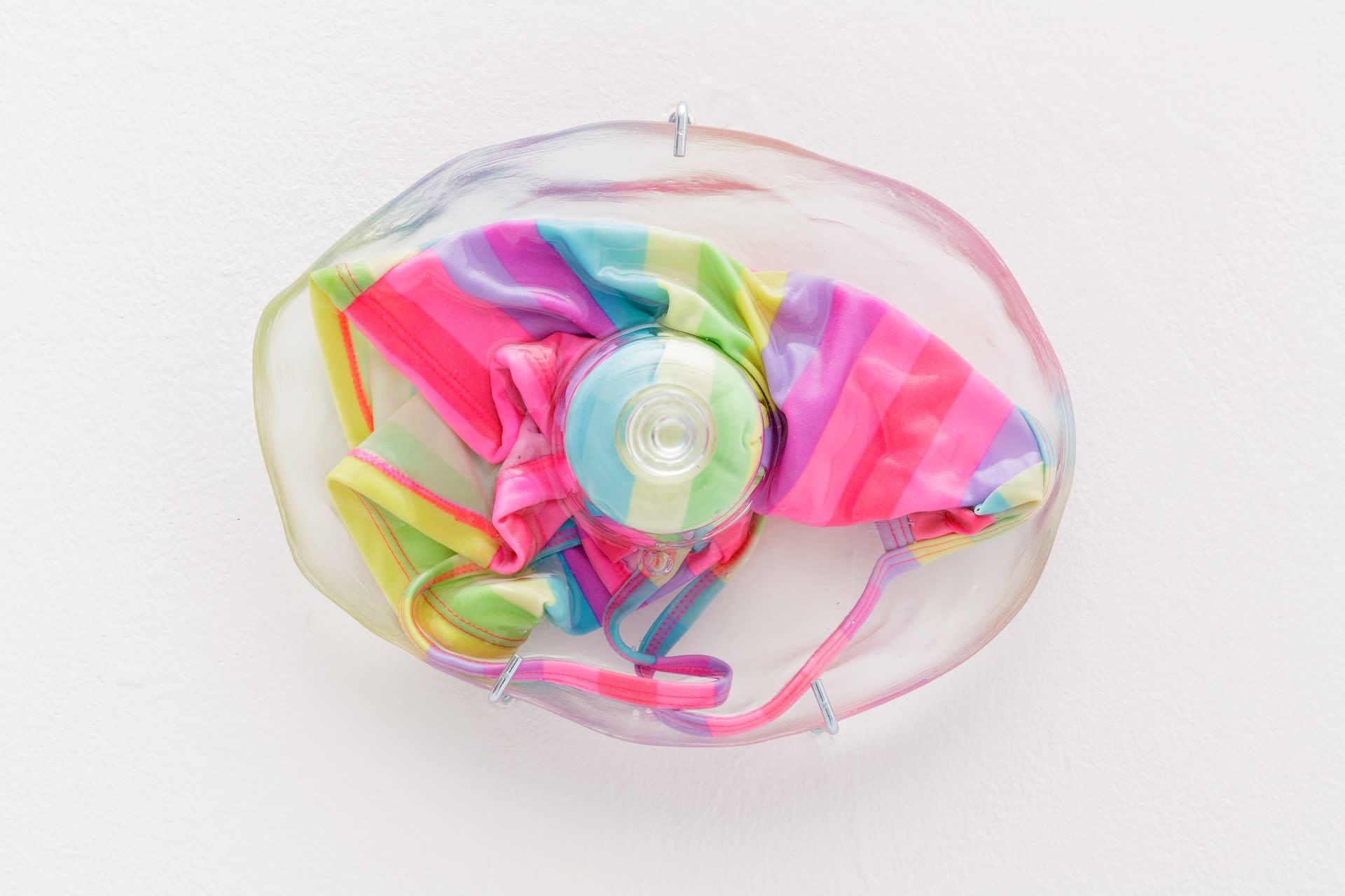 Ana Cvorovic Insoluable Blossoms 2019 polyurethane resin, glassware, child swimsuit, crochet dollies dimensions variable detail