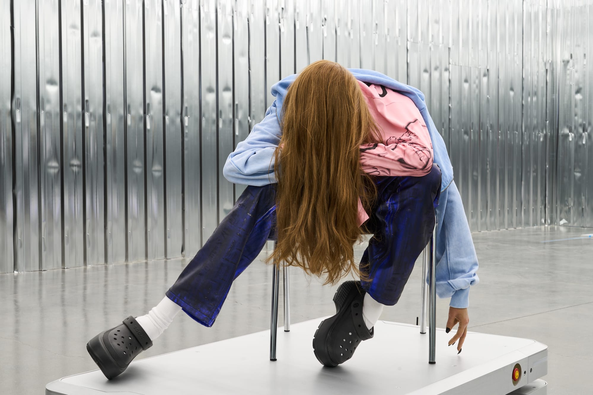 :mentalKLINIK MICA, 2025 PROFILE SERIES SOFTCORE RADICAL, BACKROOM BABY, SELF-BANNED, AUTO-GLAM, POLITELY PARANOID, LOW-EFFORT ICON, HYPER EMPATH, SHAMELESS AI_generated sculpture, mannequin, artificial hair, silicone, clothes, shoes, chair, autonomous mobile robots (140.6 x 90 x 29.5 mm), sound 91 x 93 x 114 cm Unique