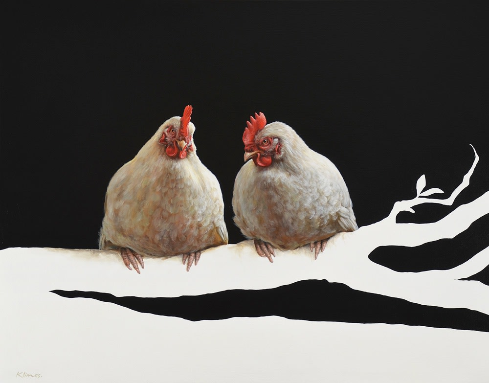Alexandra Klimas "Miep the Chicken and Lellebel the Chicken" Oil on canvas 80 x 100 cm