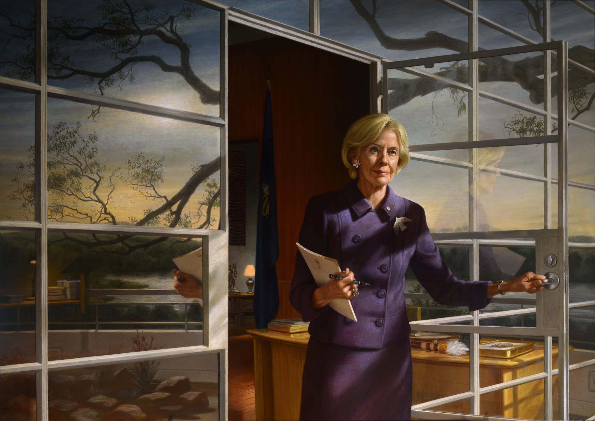 The Governor General: The Honourable Dame Quentin Bryce AD CVO 2014 Oil on canvas 136x 190 cm Historic Memorials Collection, Parliament House Art Collection, Canberra, ACT