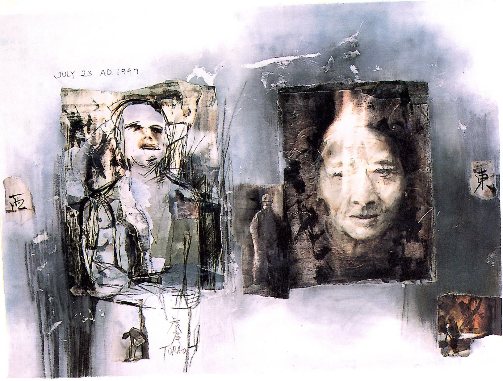 'The East and The West', 1986, pencil, printing ink, collage on paper, 56 x 76 cm