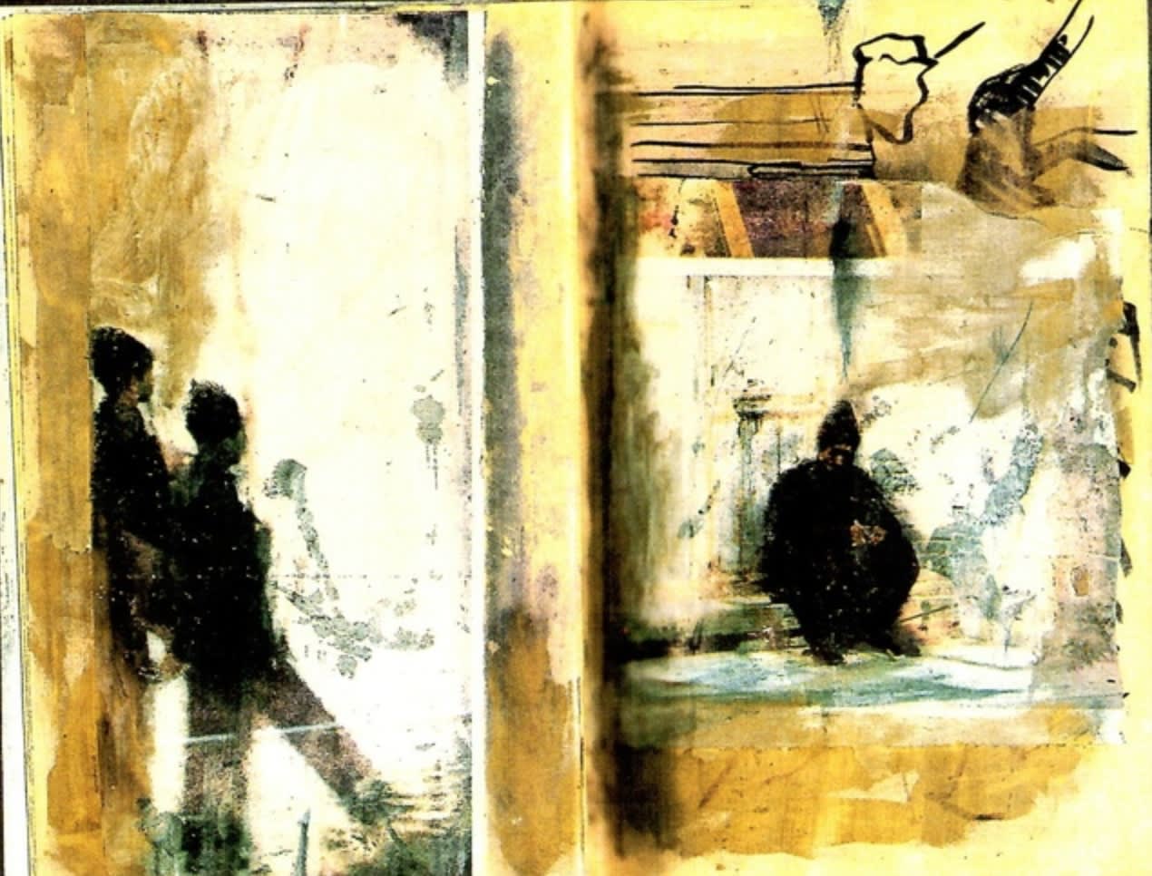 'Feb. 8 A.D. 2079', 1986, pencil, printing ink, collage on book, 22 x 14 cm