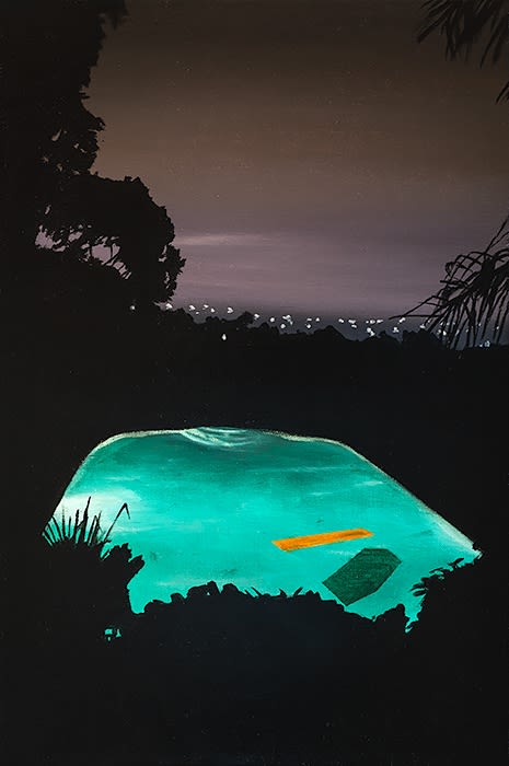 Laurence Jones, Study for Pool with Orange Float, 2019, acrylic on linen, 45 x 30 cm